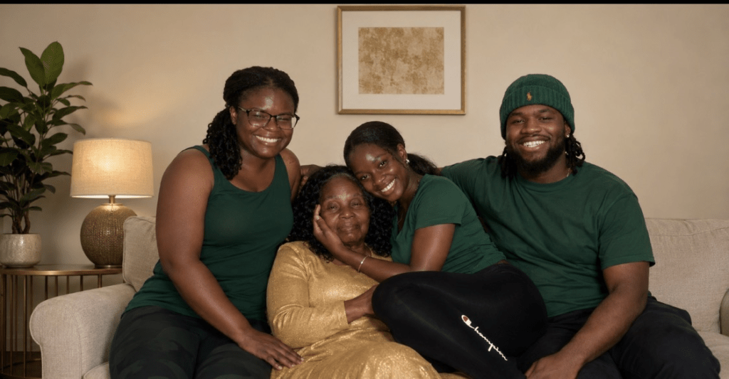 My mother surrounded by her grandchildren in a family portrait