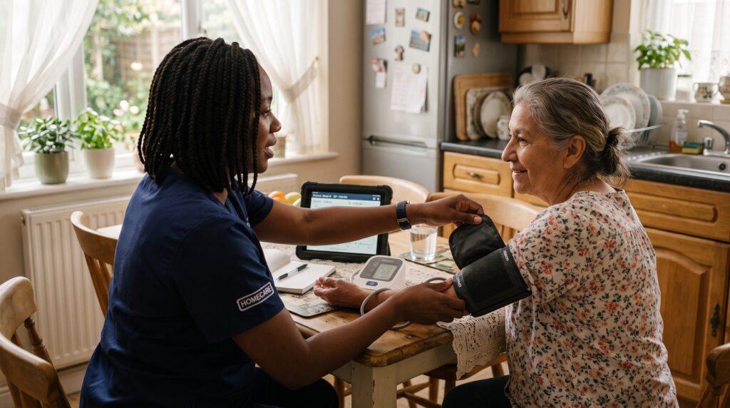 Home healthcare nurse providing care to an older woman