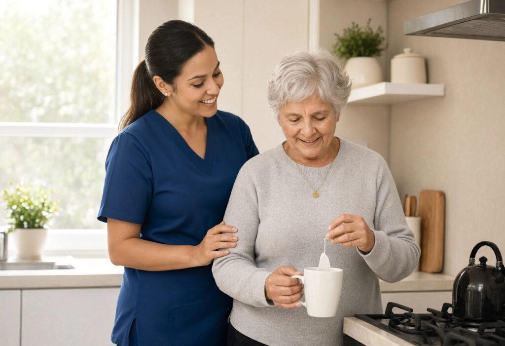 Caregiver assisting an older woman with daily activities at home